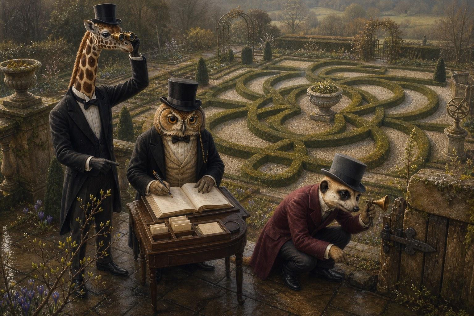 Lord Longstride with binoculars, Percival Hootington at a writing desk, and Sir Montgomery inspecting a gate above the knot garden.