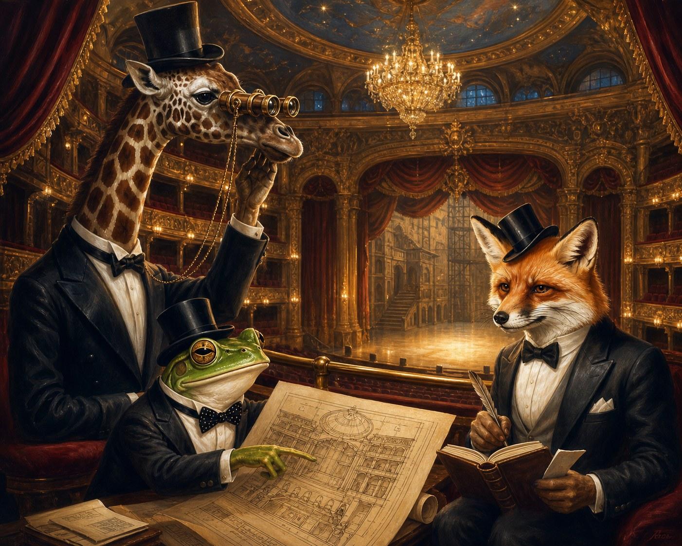 Professor Ribbington studying theatre plans with Lord Longstride and Professor Foxworth in the unfinished Grand Theatre.