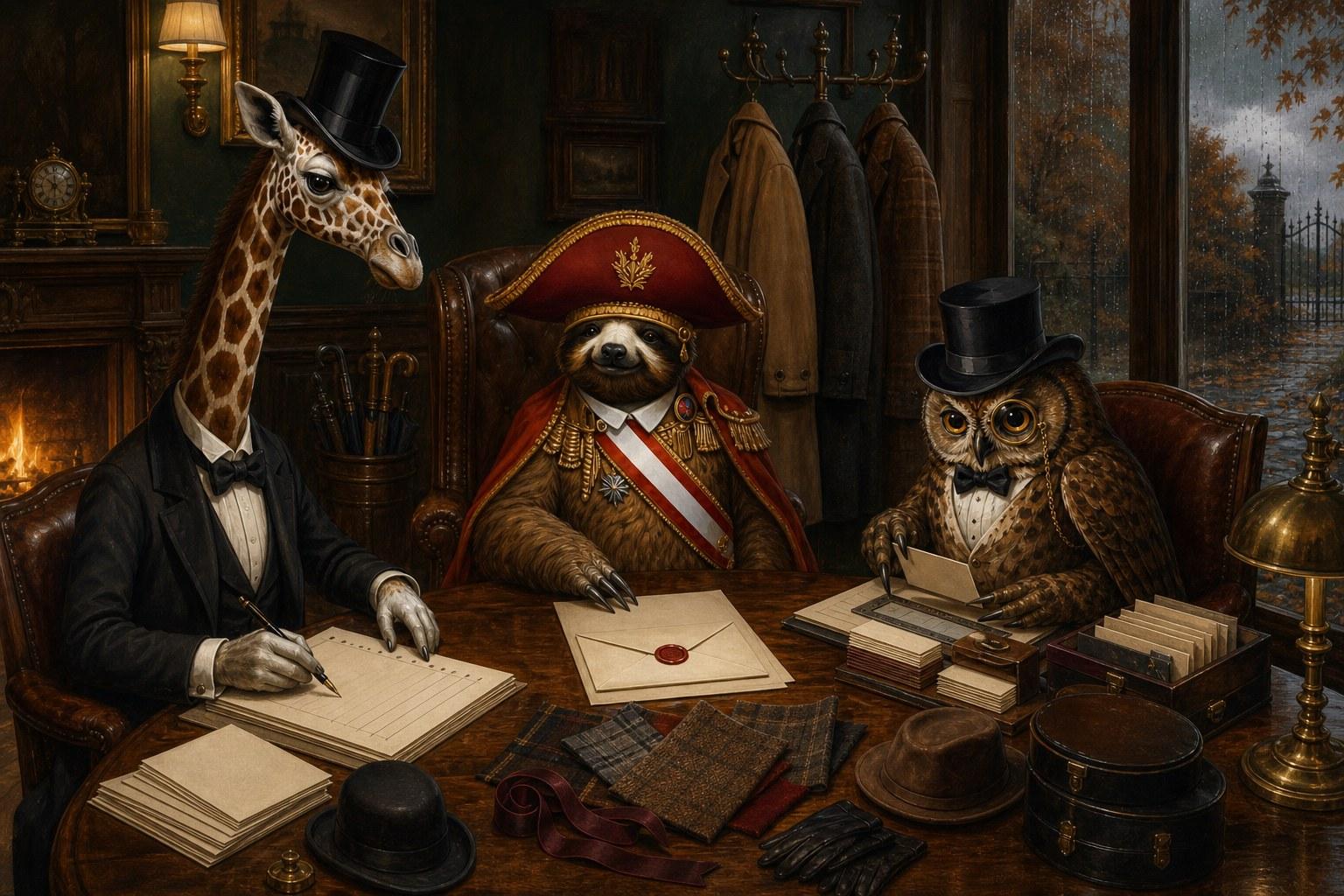 Lord Longstride, Admiral Slowmere and Percival Hootington at a desk with coats, hats, ribbons and letters on seasonal dress.