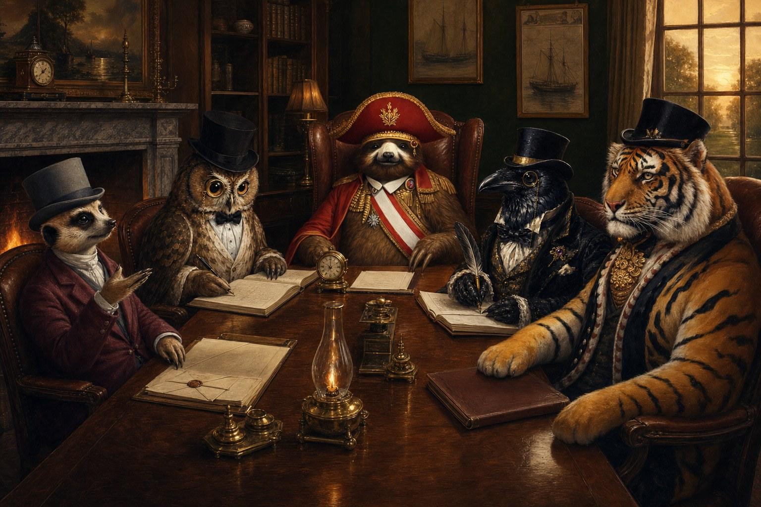 The Unhurried Committee around the club-room table: Sir Montgomery, Percival Hootington, Admiral Slowmere, Lord Edgar Blackquill and Duke Stripeshire.