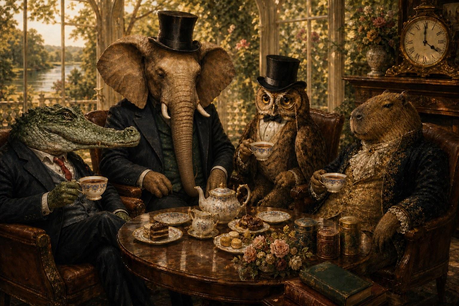 Lord Snapworth, Lord Tuskington, Sir Percival Hootington and Baron Stillwater at afternoon tea, with places set around the table.