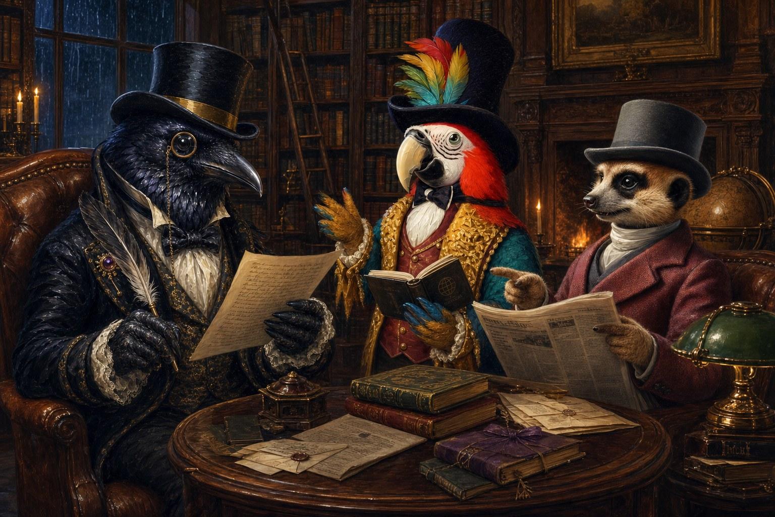 Lord Edgar Blackquill, Lord Aurelius Plumecrest and Sir Montgomery Burrows debating books at a library table.